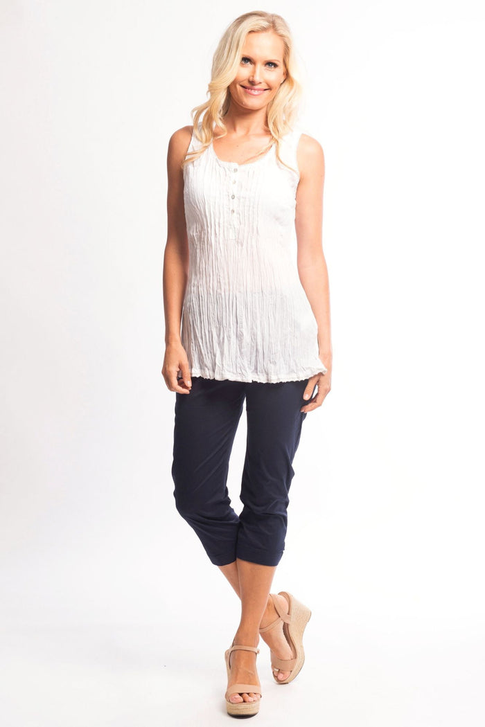 Navy blue cotton 3/4 pants by One Summer, shown in cobalt navy color, with a relaxed fit and casual style.