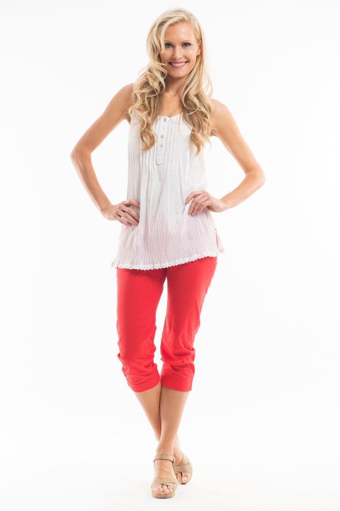 Red cotton pants from One Summer, featuring a comfortable 3/4 length design, casual style, and relaxed fit.