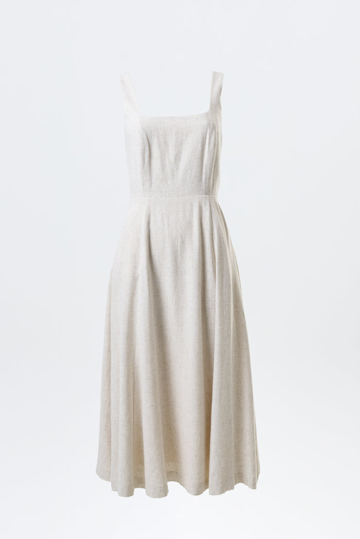 Baya Linen Mix Square Neck Midi Dress - Natural - Bascora