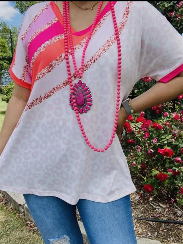 Blouse - Orange & Fuchsia & Pink & Leopard Women Tops, Also Plus Size