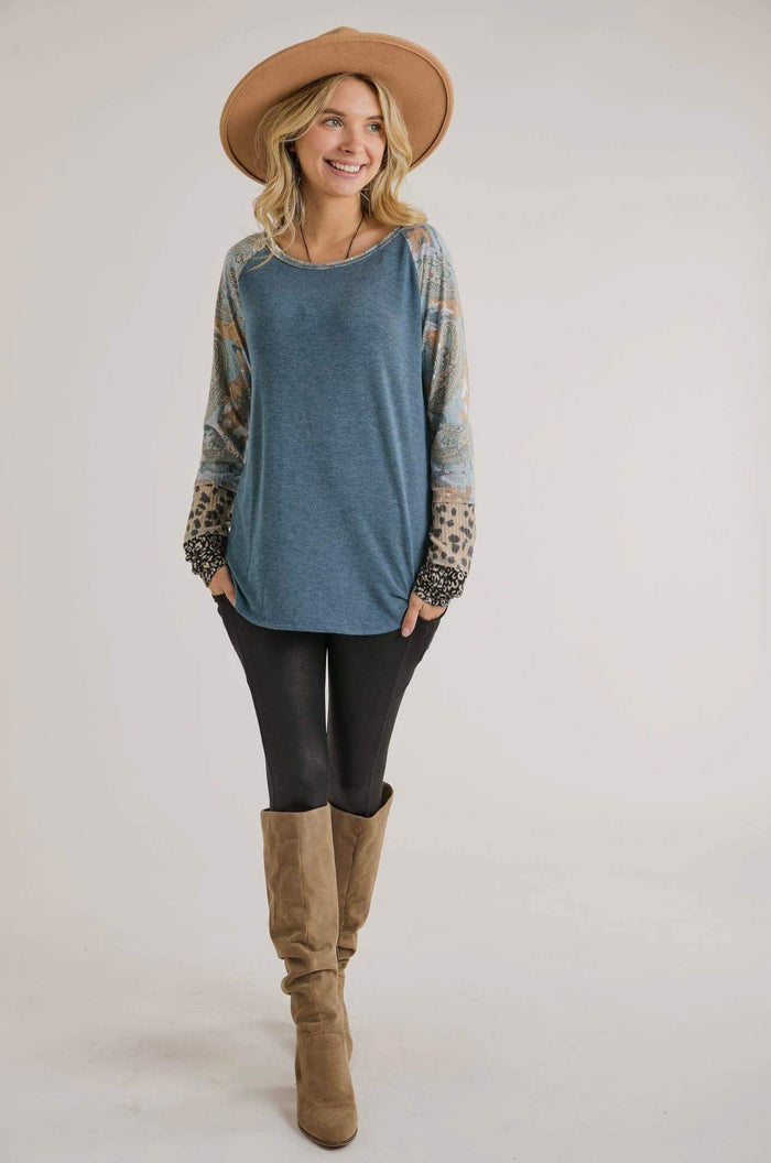 Blouse - Round Neck Top with patterned sleeves, Teal Combo