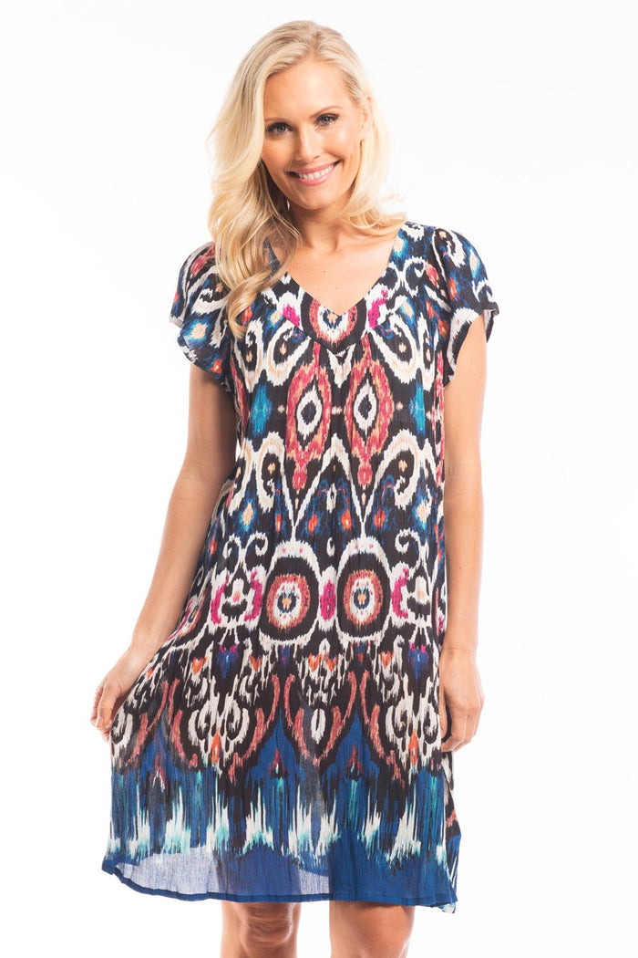 Blue Rust Crinkle Tunic Dress by One Summer, lightweight tunic with textured crinkle fabric and relaxed fit, displayed on a hanger.