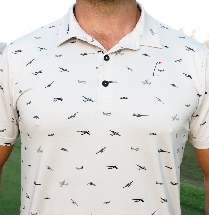 Printed men's golf polo the Hoolie Bombers Polo with military aircraft design as part of Bombers Men's polo and hat bundle