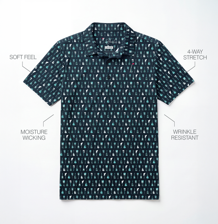 Bout to Rock Men's Golf Polo laying on a White surface with performance feature descriptions as part of the Rocker's Men's polo and hat bundle