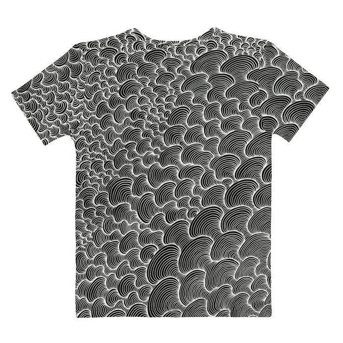 Color Wash Women's Tee - The dense, vibrating mesh of Obsidian Black (#000000) and crisp White (#FFFFFF) concentric curves resembling stylized organic gills.