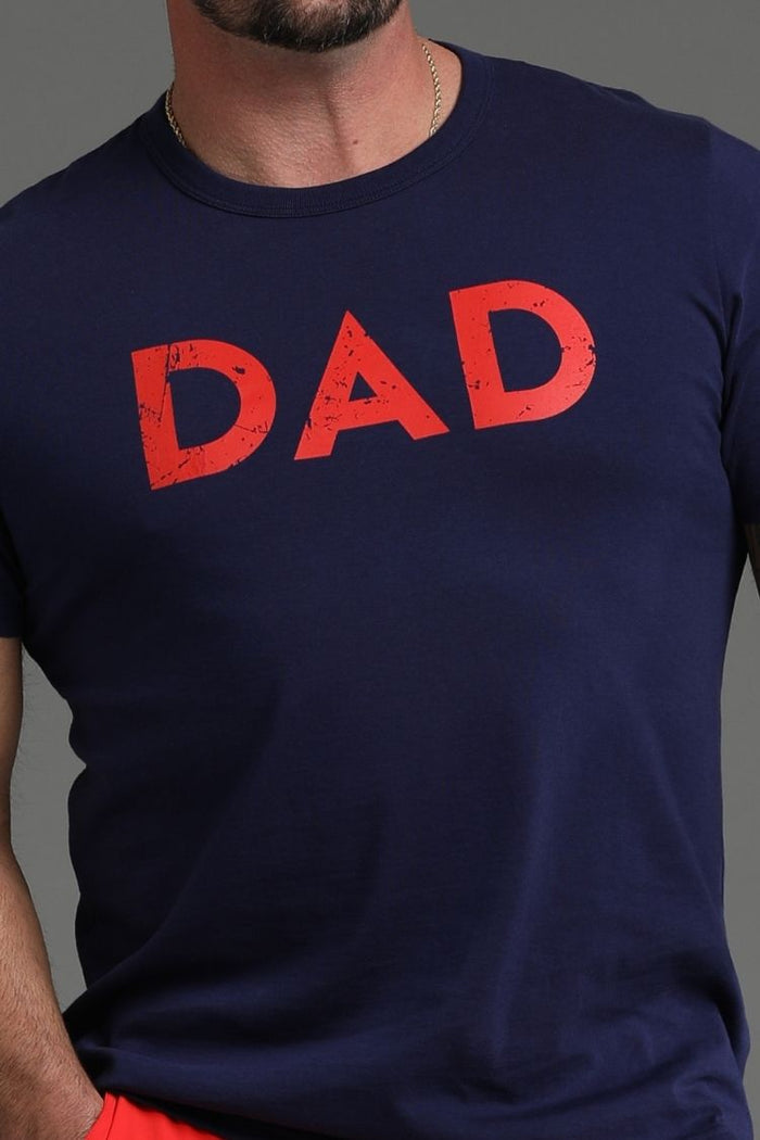 Navy blue t-shirt with red 'DAD' text on a plain background || dark navy