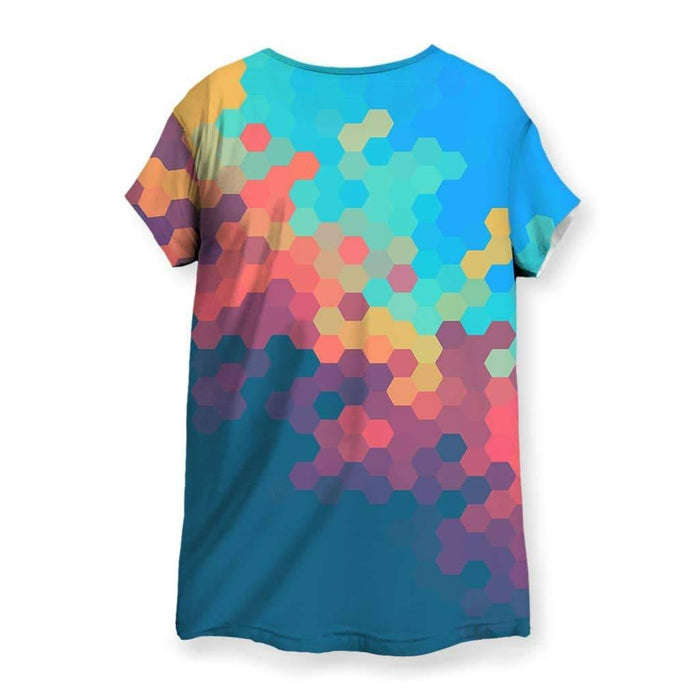 Day Break Women's Tee - The specific drifting hexagonal drift that mimics "facets" or vector landscape art, particularly where the electric cyan (#2EB5E8) breaks into the living coral (#FF7F6D) fragments, evoking mid-2010s meme-inspired gradients seen in viral "aesthetic" moodboards.