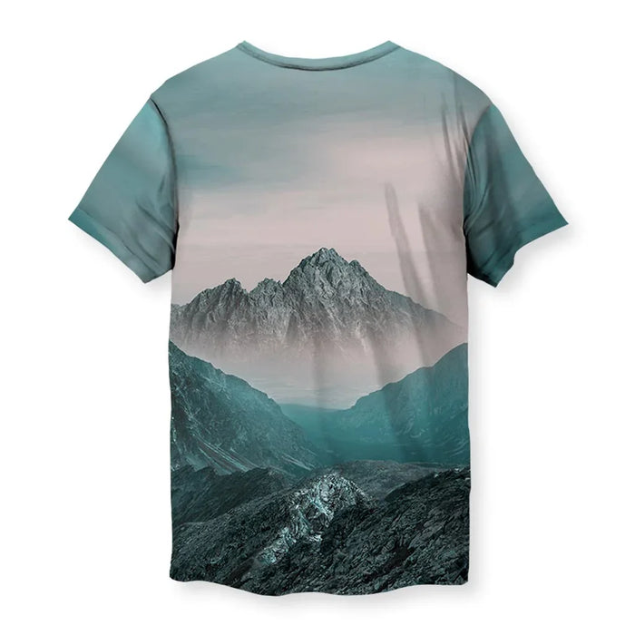 Everest T-Shirt - The stark black (#000000) "picture-in-picture" square framing the peak against the glacial teal (#5F9EA0) sky, creating a disjointed viewing window.