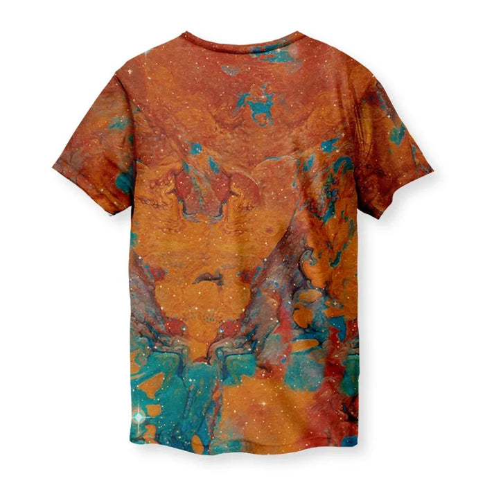 Giraffe T-Shirt - The immediate visual clash between the photorealistic, espresso-patched giraffe hindquarters and the swirling, abstract cosmos, specifically the contrast of the animal's natural pattern against the vibrant burnt sienna nebula clouds (#BE5532) and cosmic teal swirls (#008B8B).