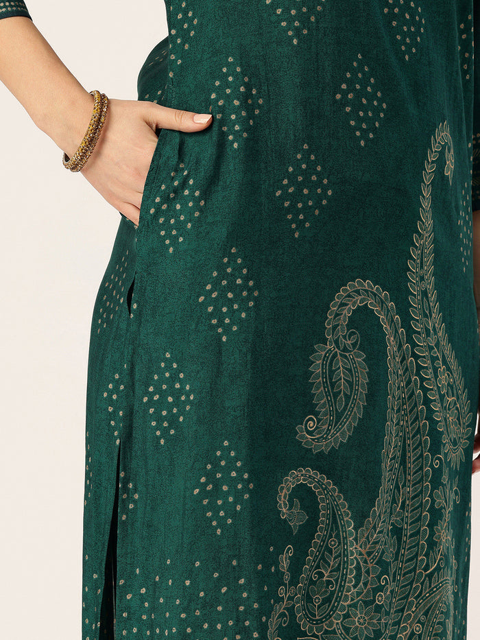 Green Paisley Printed Kurta with Trousers & With Dupatta, Kurta Dupatta Set, Green Color Kurta dupatta Set, Green Color, Printed Kurta Dupatta Set, 3/4th Sleeve