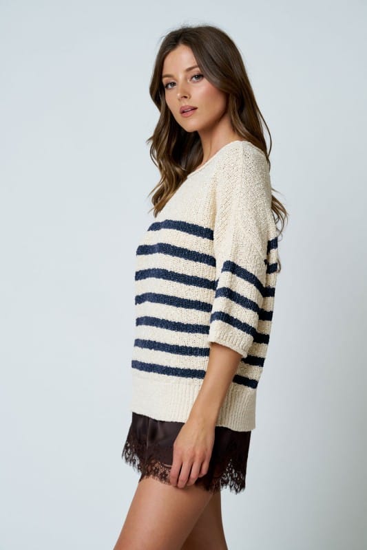Harbor Navy & Ivory Striped Half Sleeve Knit Sweater