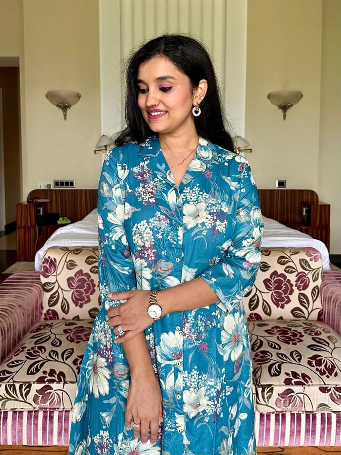 High Low Cotton Coord Set- Sky Blue Florals