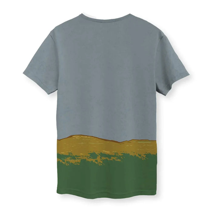 Hippity Hoppity T-Shirt - The specific contrast of a realistic, olive-green (#556B2F) 19th-century frog illustration clutching a firearm against the muted "Slate Fog" (#778CA0) backdrop