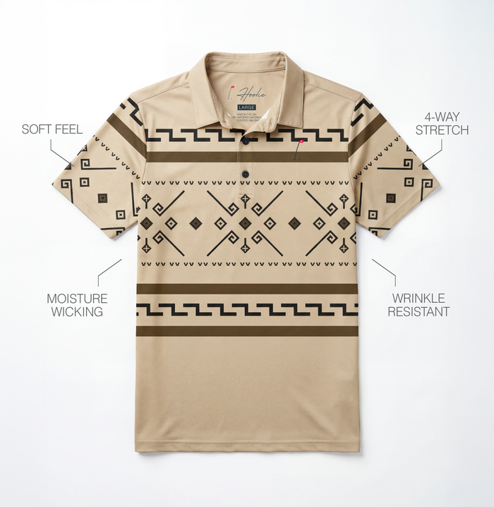 Hoolie Abides Men's Golf Polo laying flat on surface with product descriptions
