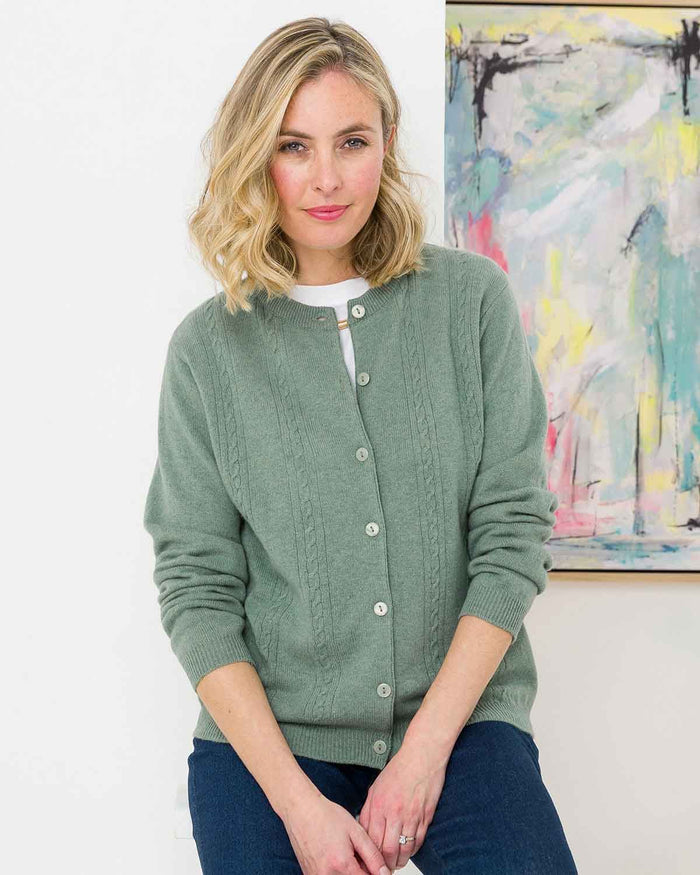 Lambswool Cable Cardigan - Sage - The Classic Boutique