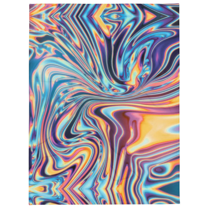 Metallic Flow Plush Blanket - The faux-reflective sheen where intense Electric Cyan (#00FFFF) currents slice through the Midnight Indigo (#2E1A47) base, mimicking a 3D surface on a 2D textile