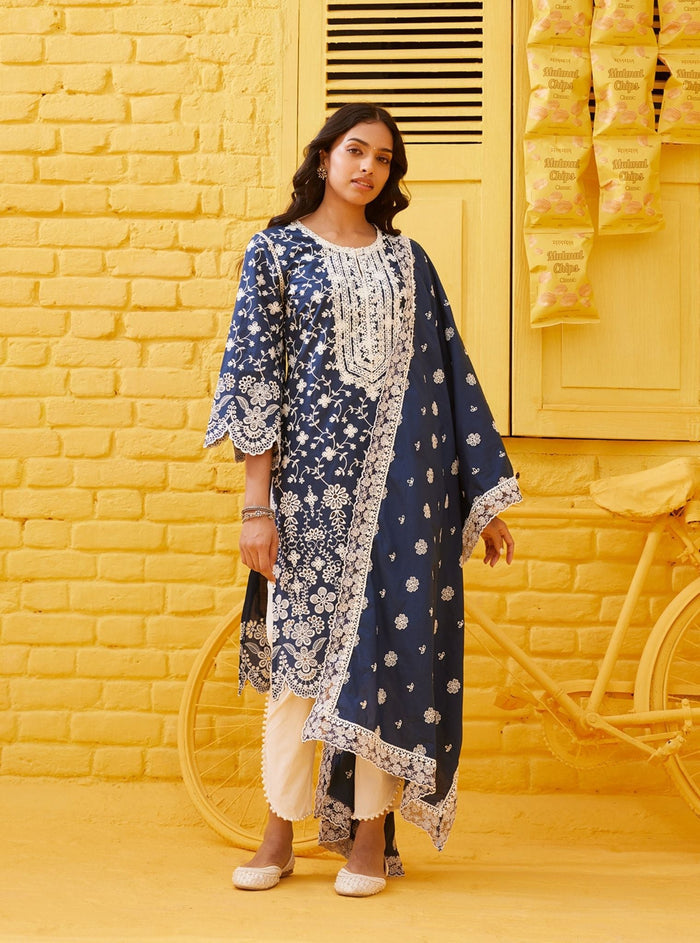 Mulmul Supima Cotton Gauri Navy Kurta