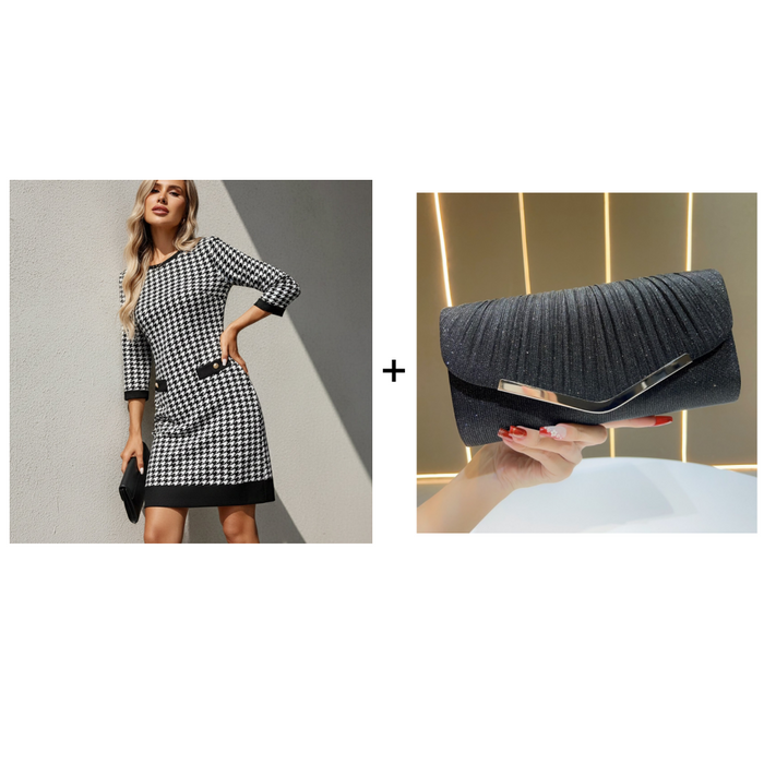 Olyra - Robe Midi Houndstooth Col Rond Élégante