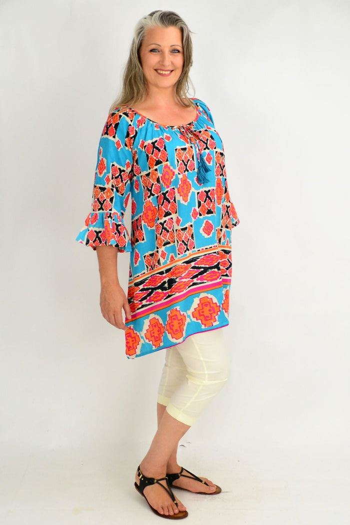 Peruvian-inspired tunic top caftan by One Summer, featuring colorful patterns and relaxed fit, perfect for casual wear.