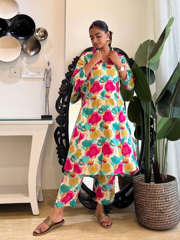 Pink Green Big Floral Coord Set