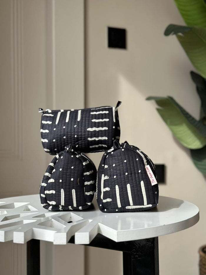 Quilted Toiletry Bag- Black Lines