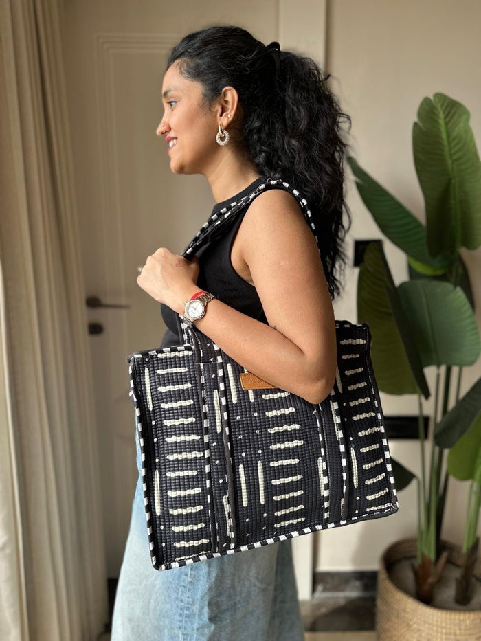 Quilted Tote Bag- Black Lines