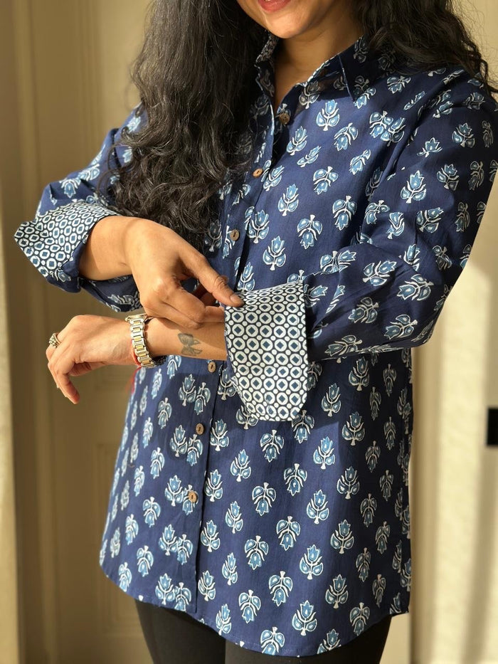 Raima Cotton Shirt- Indigo Booti