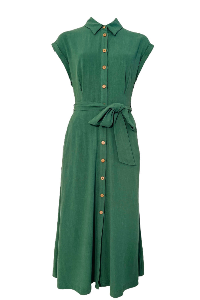 Reese Linen Mix Button Through Midi Shirt Dress - Green - Bascora