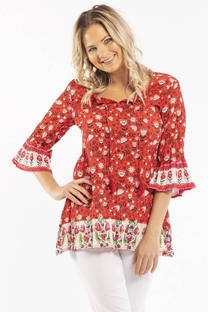 Romanian folklore cotton tunic top by One Summer featuring traditional embroidered patterns and a relaxed, bohemian style.