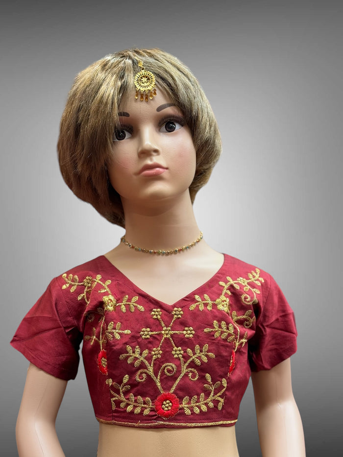 Silk Embroidered Midnight Blue & Contrast Maroon Crop Top Children Lehenga Set