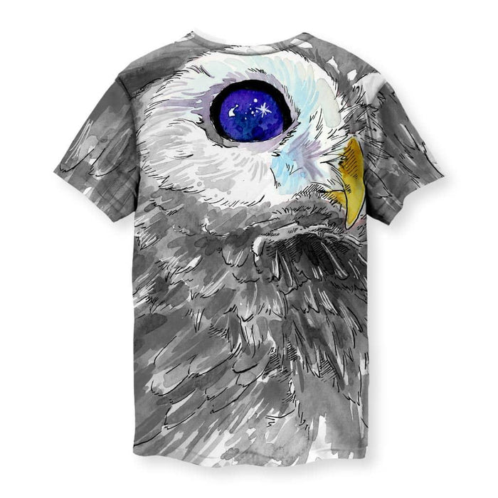 Stargazer T-Shirt - The owl's oversized, galactic indigo (#29239B) eyes containing a detailed starfield, accented by deep crimson feathering (#D50000). This "cosmic gaze" immediately frames the animal as a mystical or psychedelic totem, not just a piece of wildlife art.