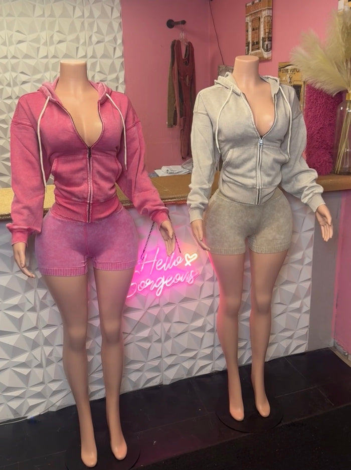 Mineral Wash Short Set in colors pink and tan