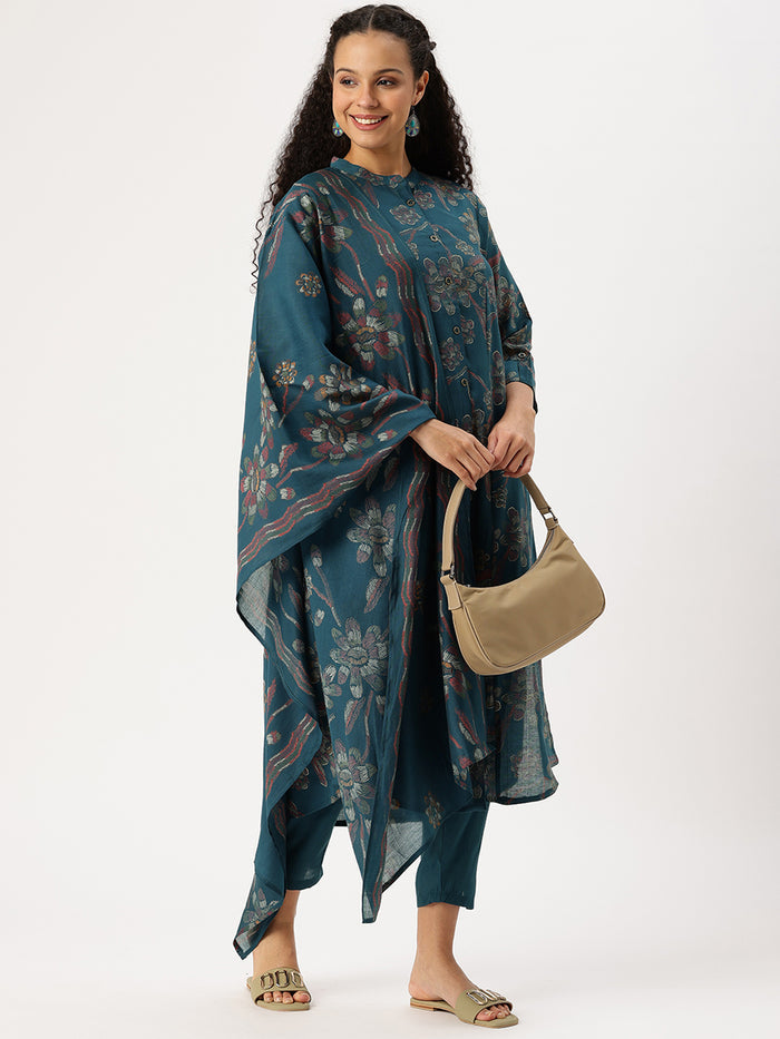 Teal Blue Floral Printed Kurta with Trousers & With Dupatta,Floral Printed Kurta Set, Ethnic Wear Kurta Set, Dupatta Set, Festive Wear Kurti Set