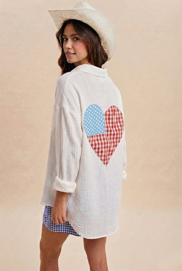 TOP 4th Of July Heart Check Patch Cotton Gauze Shirt