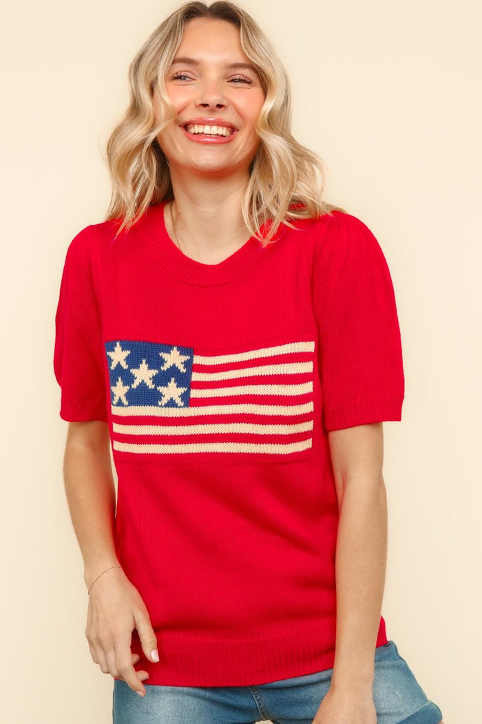 TOP American Flag Jacquard Sweater Knit Plus
