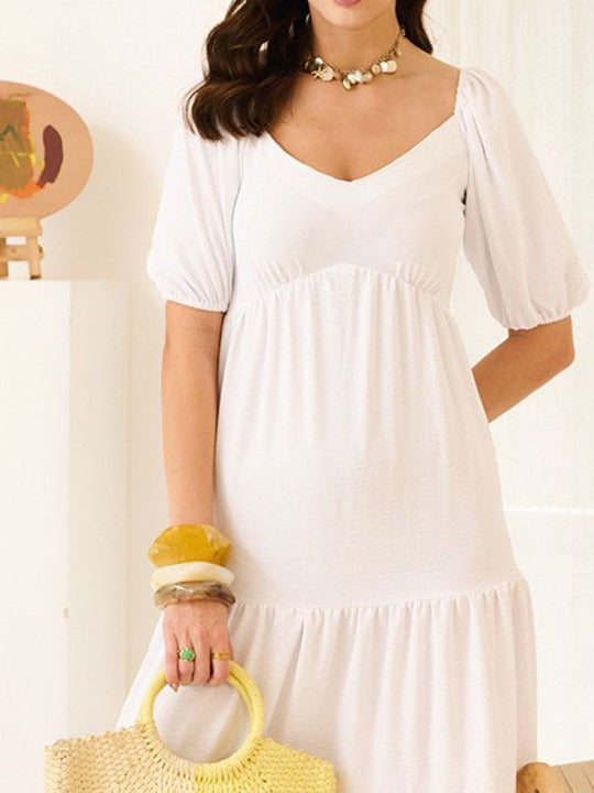 White A-Line Midi Dress with Puff Sleeves