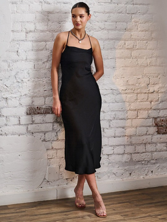 Women Black Satin Halter Neck Sheath Midi Dress