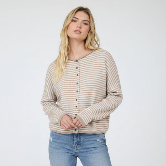 Aspen Mocha Striped Button-Up Knit Cardigan