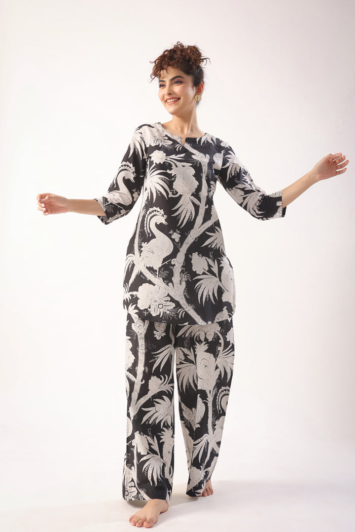 Bird Print On Black Cotton Palazzo Loungewear Set