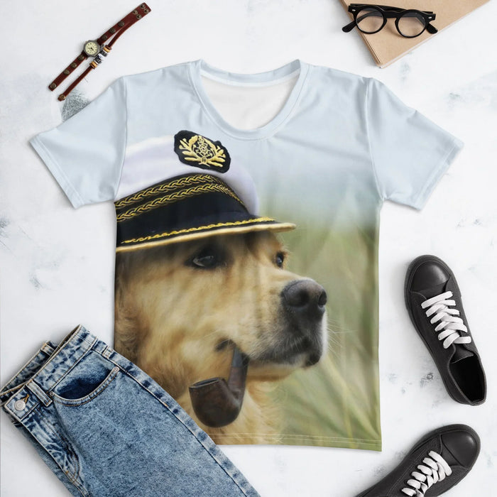 Dog Captain Women's Tee - The dignified profile of the Golden Retriever juxtaposed with the distinct mahogany pipe (#3F2815) and faux-gold bullion braiding (#D4AF37) on the captain's hat.
