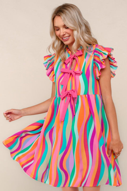DRESS Cute Bow Tie Front Multicolor Plus