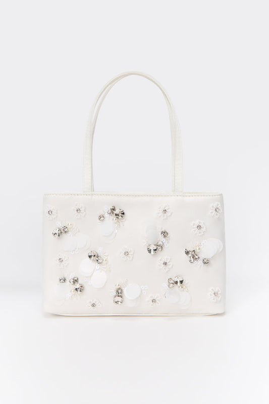 Embellished Satin Pouchette in White