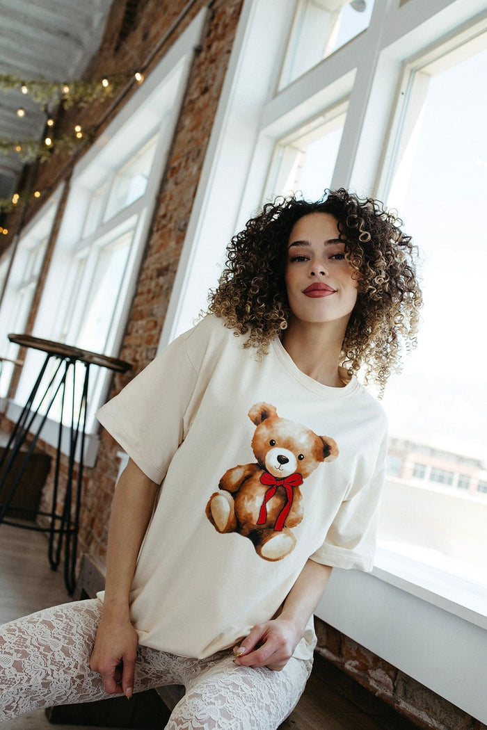 teddy bear t-shirt, oversized graphic tee, boyfriend fit shirt, women's cream tee, cute animal shirt, stretchy cotton top, comfortable casual wear