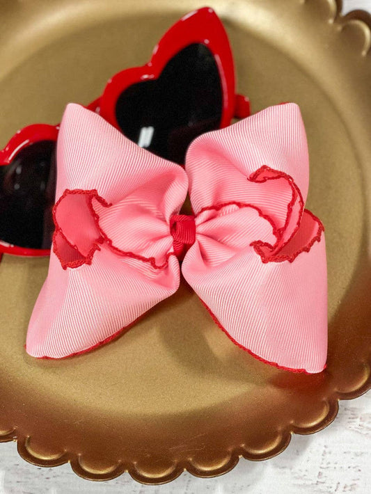 Hair Bow Clip  Pink with Red Moonstitch