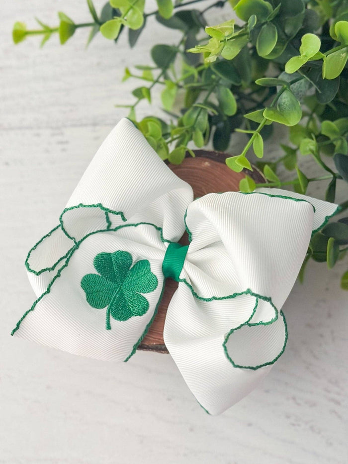 Hair Bow Clip Shamrock Moonstitch Embroidered