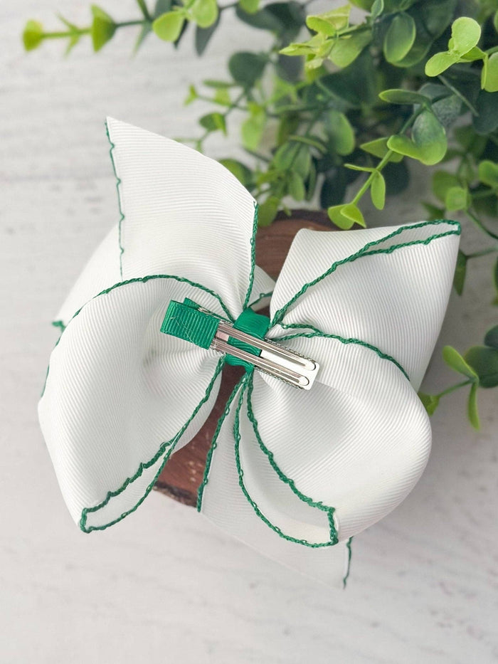 Hair Bow Clip Shamrock Moonstitch Embroidered