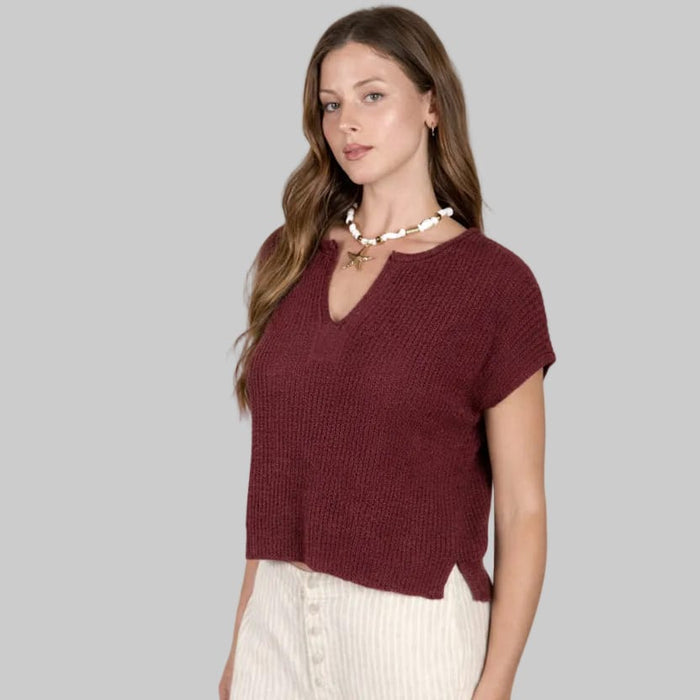 Harper Maroon Split Neck Knit Top