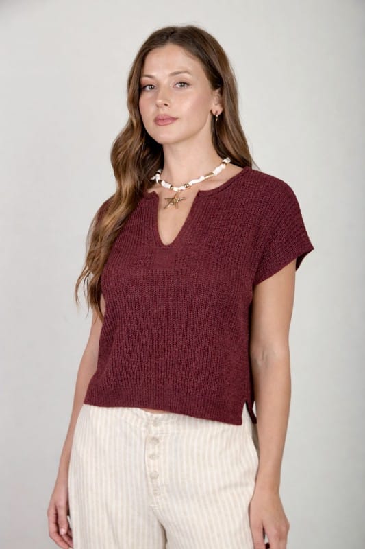 Harper Maroon Split Neck Knit Top