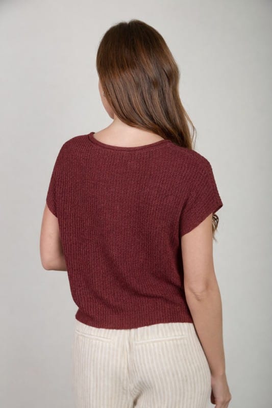 Harper Maroon Split Neck Knit Top
