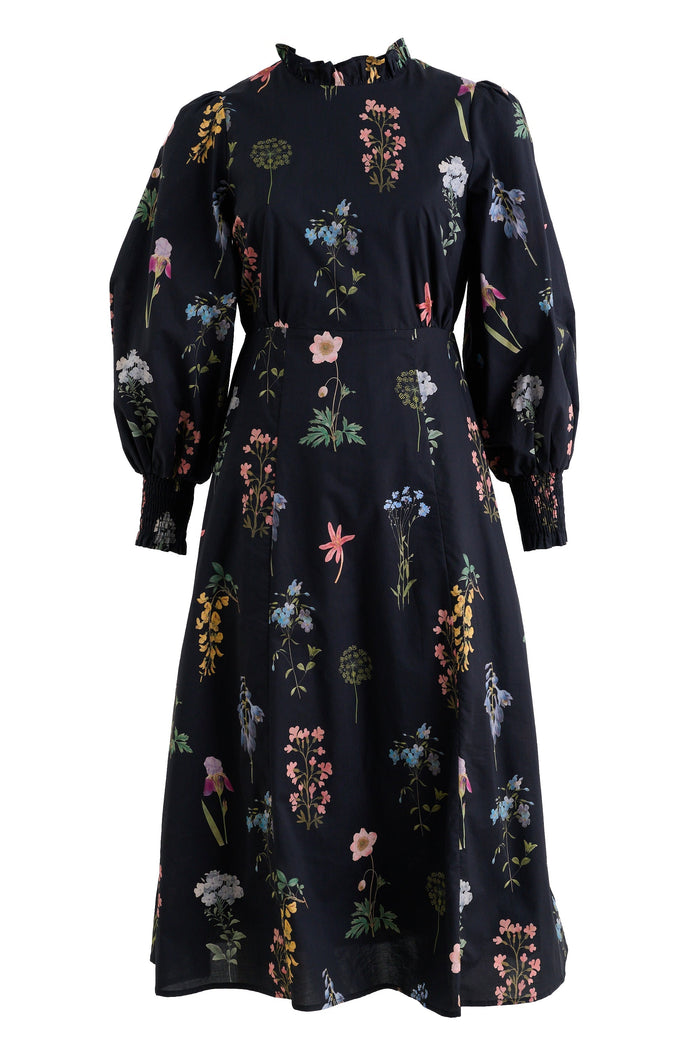 Jessie Flower Press Print Frill Neck Midi Dress - Bascora